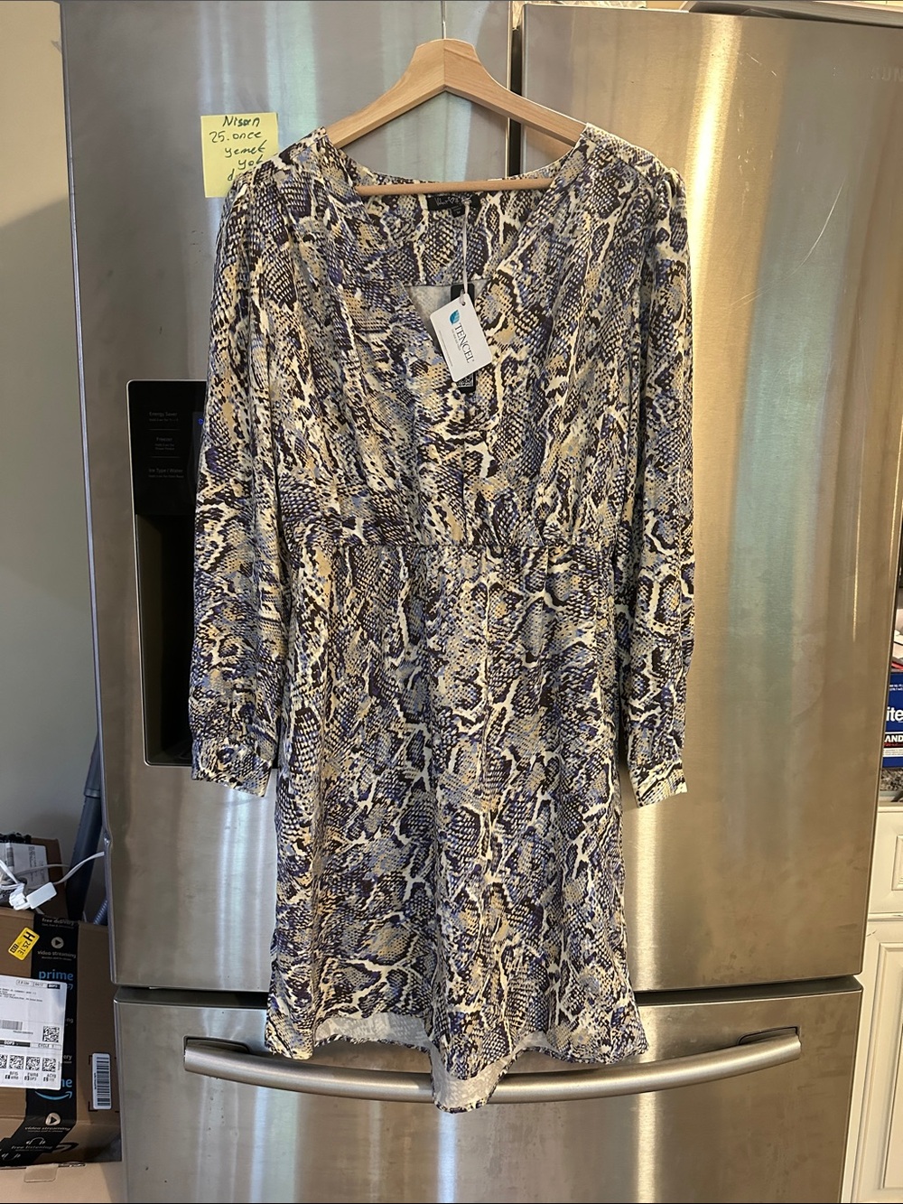 Vince Camuto Navy and Cream Snake-Print Long Sleeve Dress